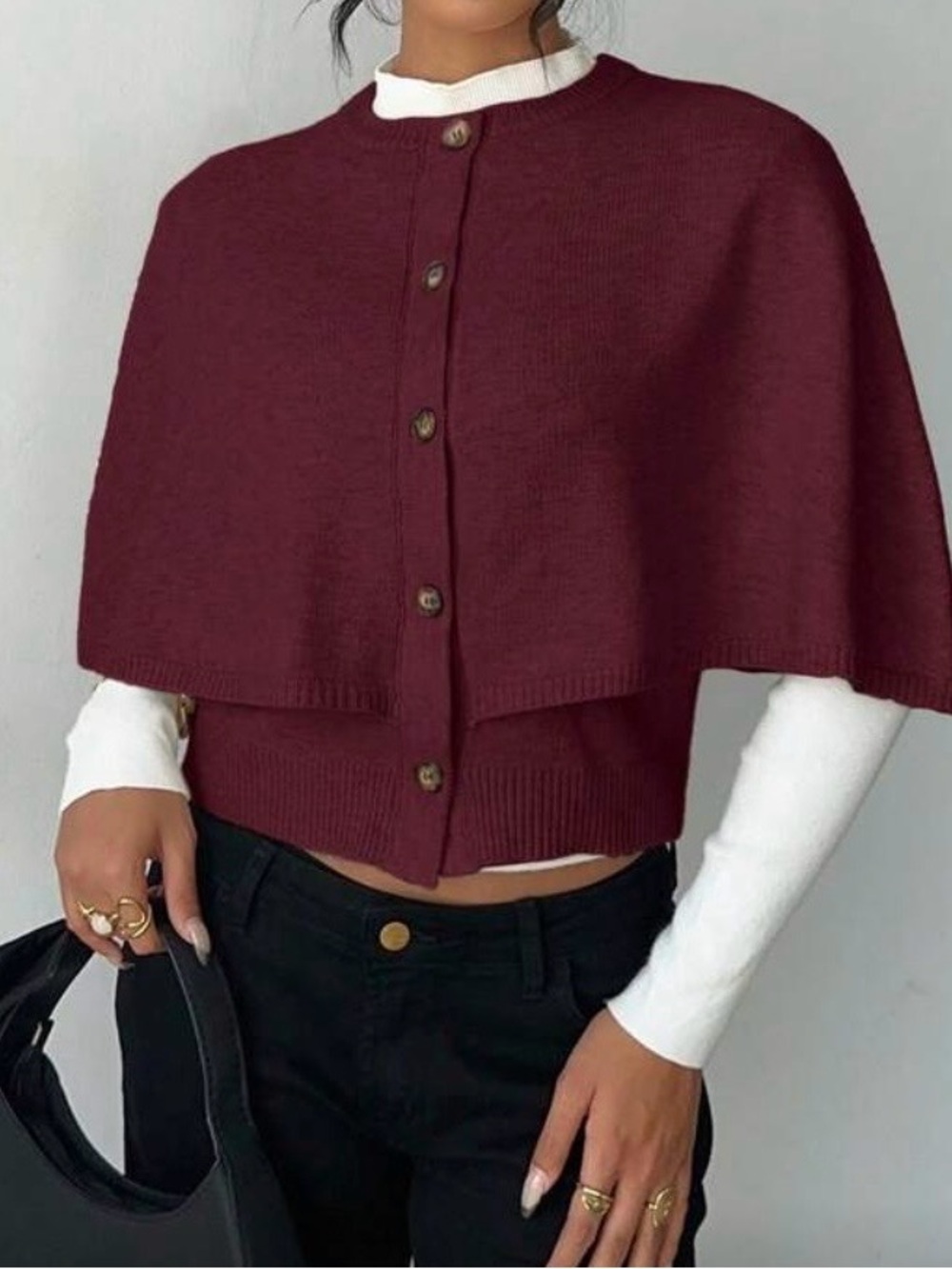 Cape-Style Button Front Sweater - Burgundy